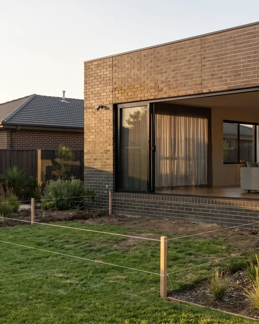 Empty Melbourne backyard with string lines marking out the footprint of a new deck, before construction
